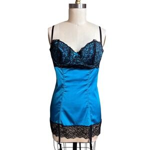 Fredericks of Hollywood Lace Trim Satin Corset Back Chemise Unbranded XL Blue